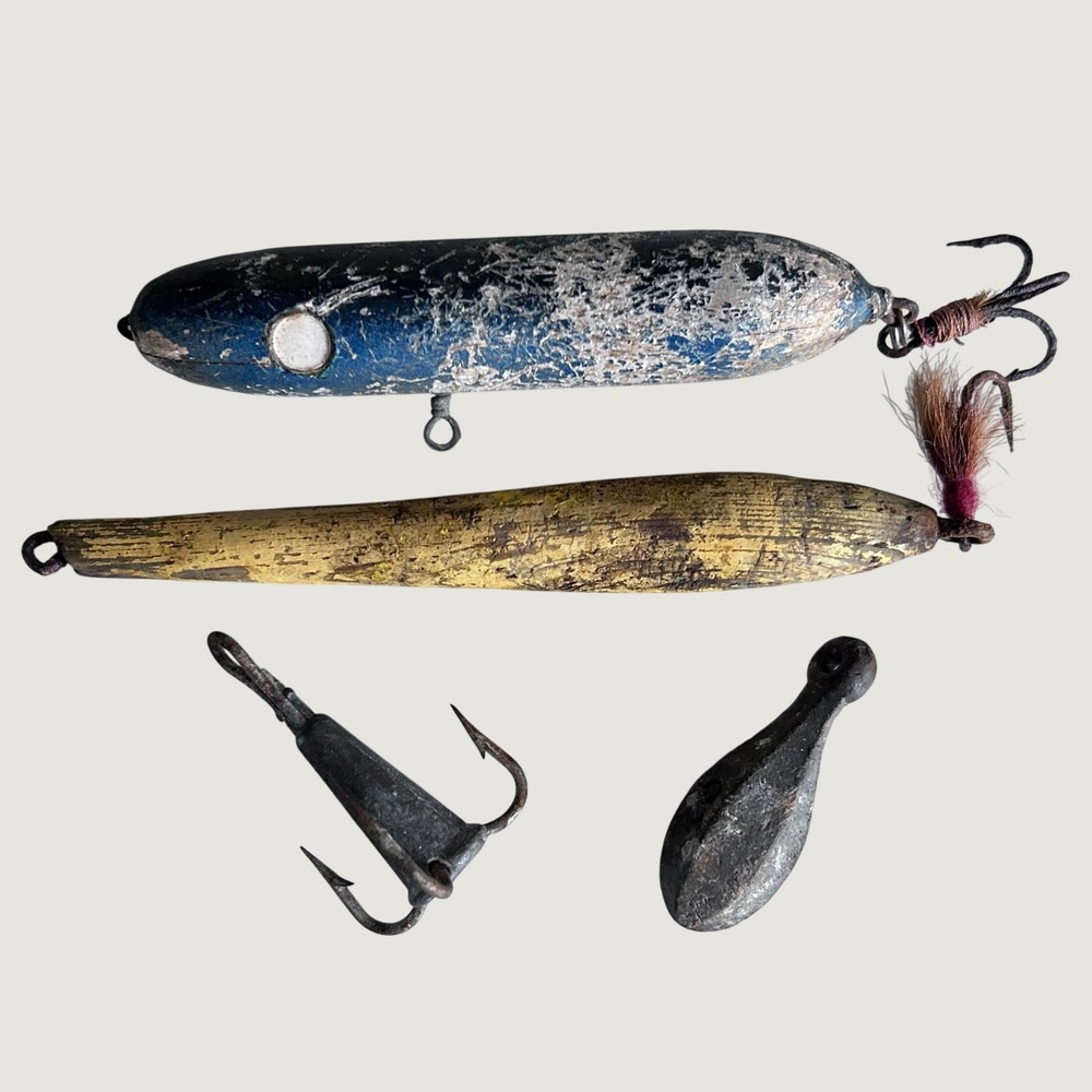 Vintage Antique Wooden Fishing Lures Set Distressed Blue Yellow Nautical Decor
